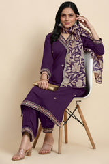 Women's Chanderi Silk Embroidery Salwar Suit Set Purple Kurta with Afghani Pant Floral Dupatta Set