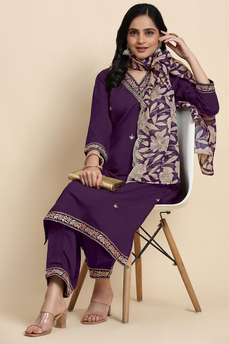 Women's Chanderi Silk Embroidery Salwar Suit Set Purple Kurta with Afghani Pant Floral Dupatta Set
