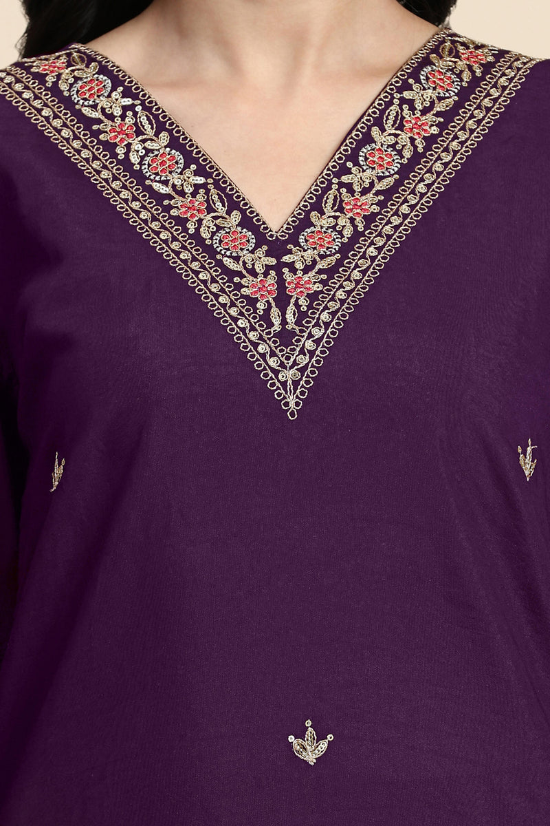 Women's Chanderi Silk Embroidery Salwar Suit Set Purple Kurta with Afghani Pant Floral Dupatta Set