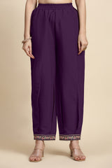 Women's Chanderi Silk Embroidery Salwar Suit Set Purple Kurta with Afghani Pant Floral Dupatta Set