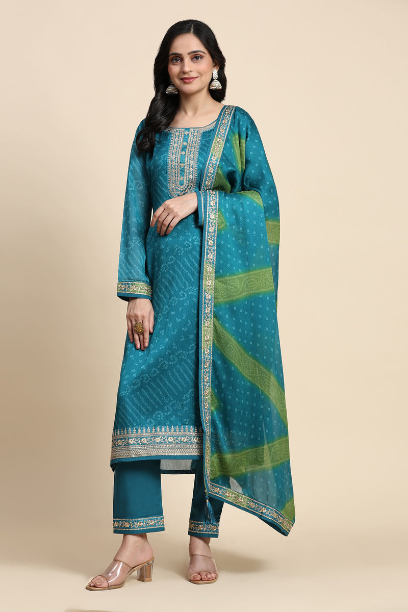 Turquoise Chiffon Embroidery Bandhani Print Salwar Suit Set with Dupatta For Women's