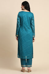 Turquoise Chiffon Embroidery Bandhani Print Salwar Suit Set with Dupatta For Women's