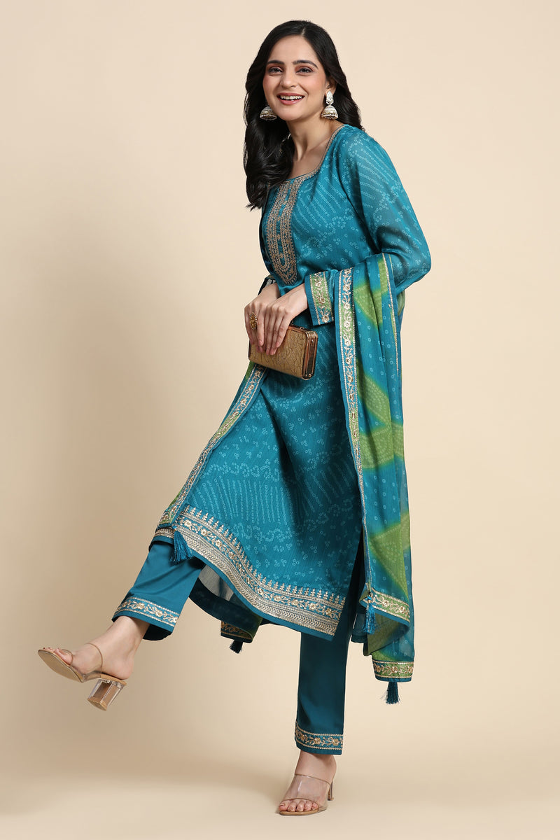 Turquoise Chiffon Embroidery Bandhani Print Salwar Suit Set with Dupatta For Women's
