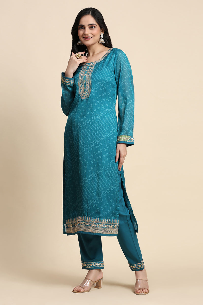 Turquoise Chiffon Embroidery Bandhani Print Salwar Suit Set with Dupatta For Women's