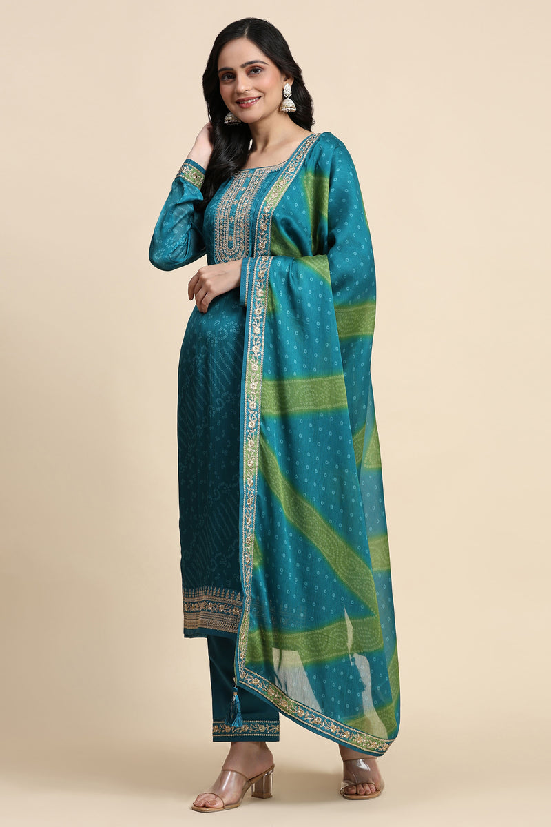 Turquoise Chiffon Embroidery Bandhani Print Salwar Suit Set with Dupatta For Women's