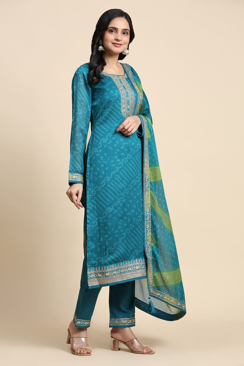 Turquoise Chiffon Embroidery Bandhani Print Salwar Suit Set with Dupatta For Women's