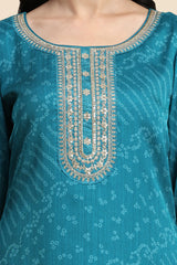 Turquoise Chiffon Embroidery Bandhani Print Salwar Suit Set with Dupatta For Women's