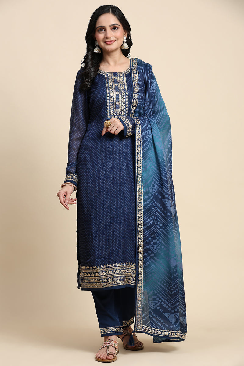 Blue Chiffon Embroidery Bandhani Print Salwar Suit Set with Dupatta For Women's