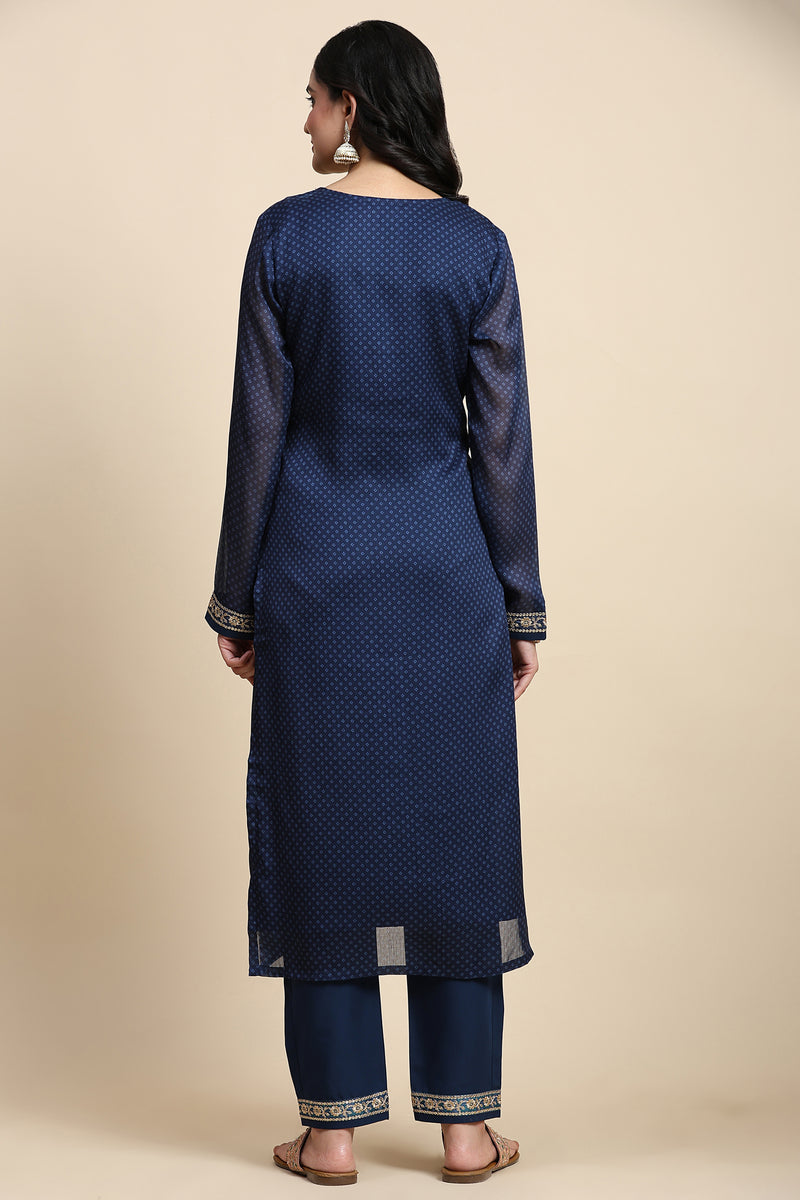 Blue Chiffon Embroidery Bandhani Print Salwar Suit Set with Dupatta For Women's