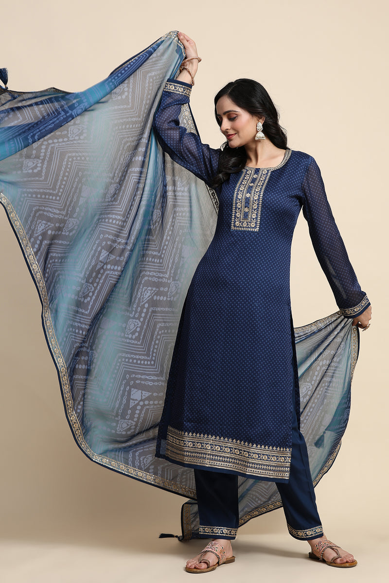 Blue Chiffon Embroidery Bandhani Print Salwar Suit Set with Dupatta For Women's