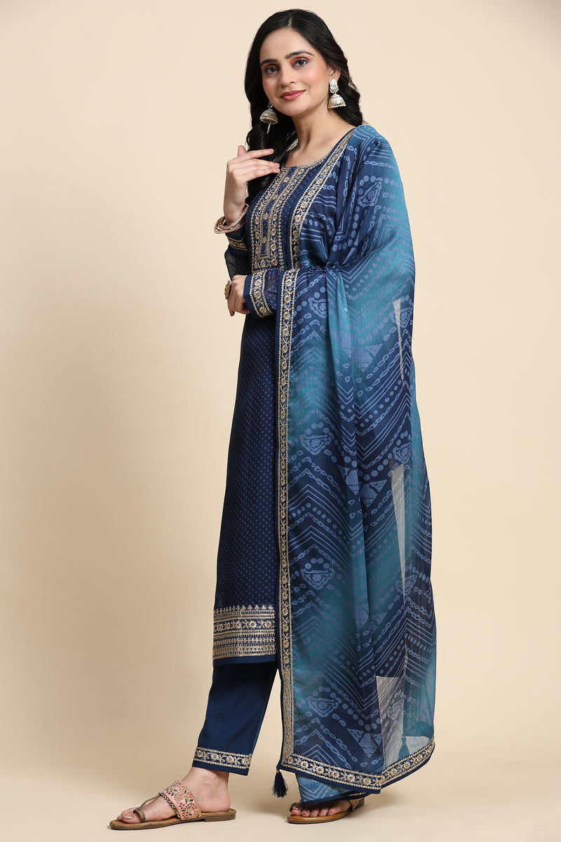 Blue Chiffon Embroidery Bandhani Print Salwar Suit Set with Dupatta For Women's
