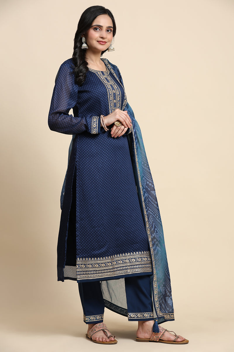 Blue Chiffon Embroidery Bandhani Print Salwar Suit Set with Dupatta For Women's