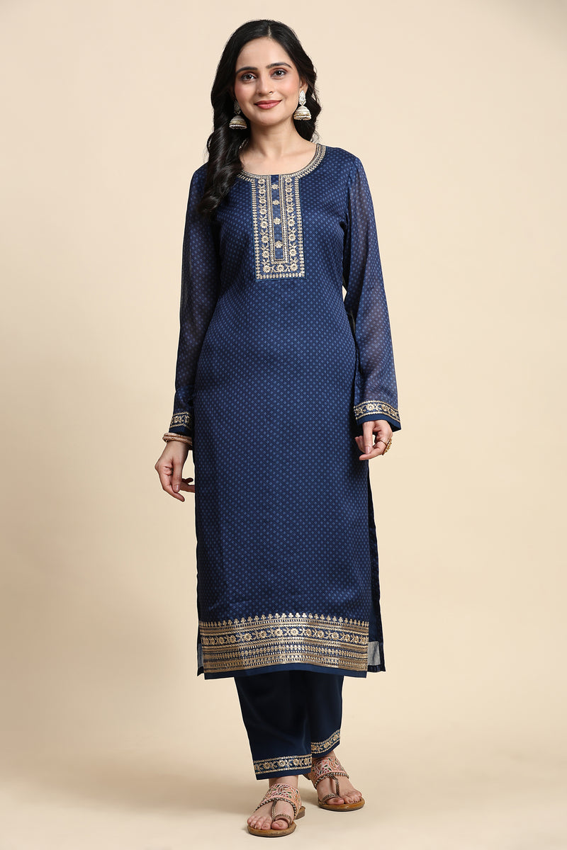 Blue Chiffon Embroidery Bandhani Print Salwar Suit Set with Dupatta For Women's