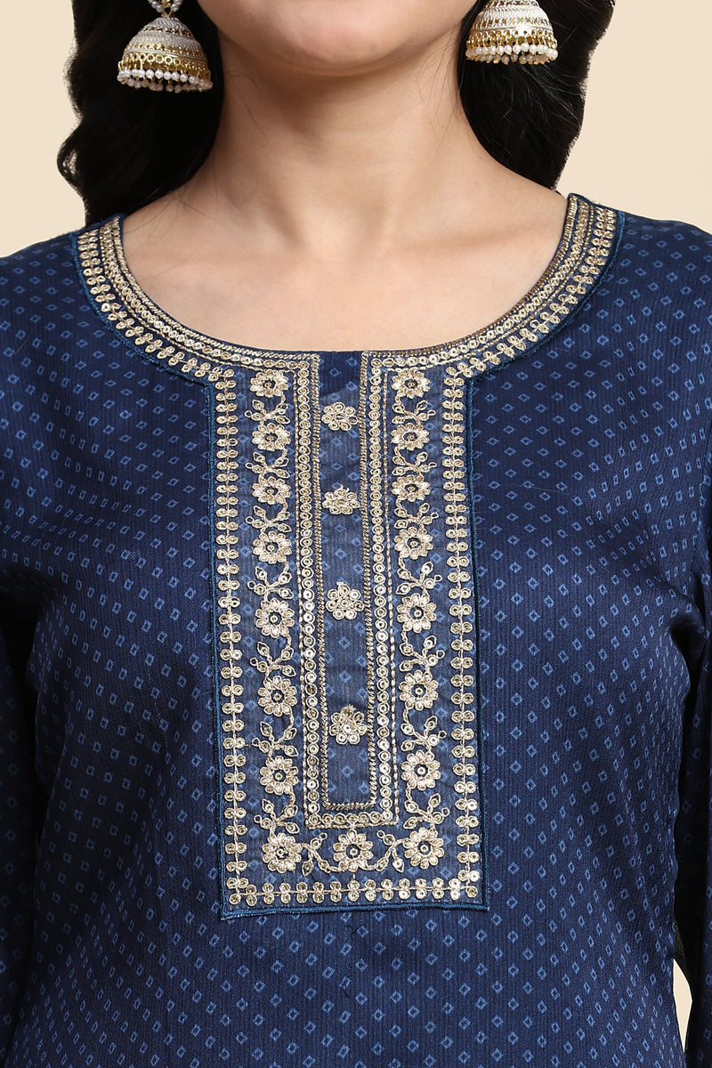 Blue Chiffon Embroidery Bandhani Print Salwar Suit Set with Dupatta For Women's
