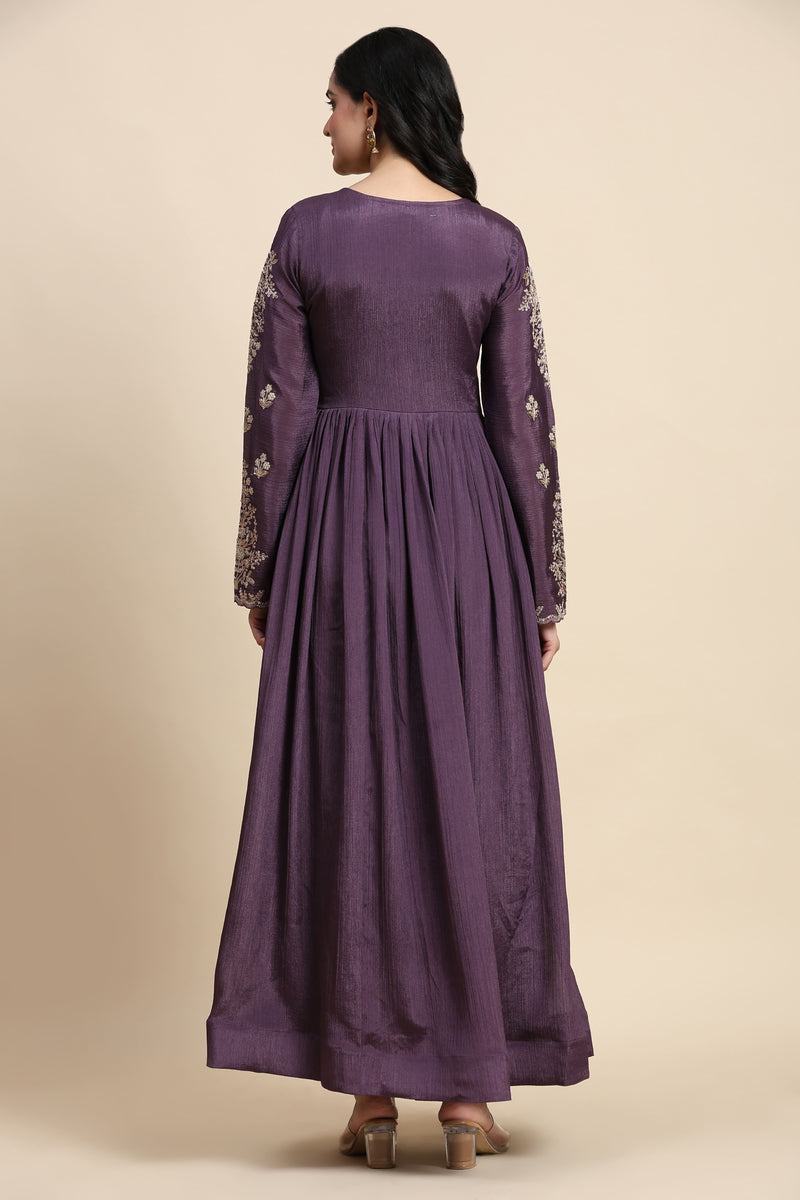 Purple Silk Blend Embroidery Alia Cut Salwar Suit Set with Dupatta For Women's