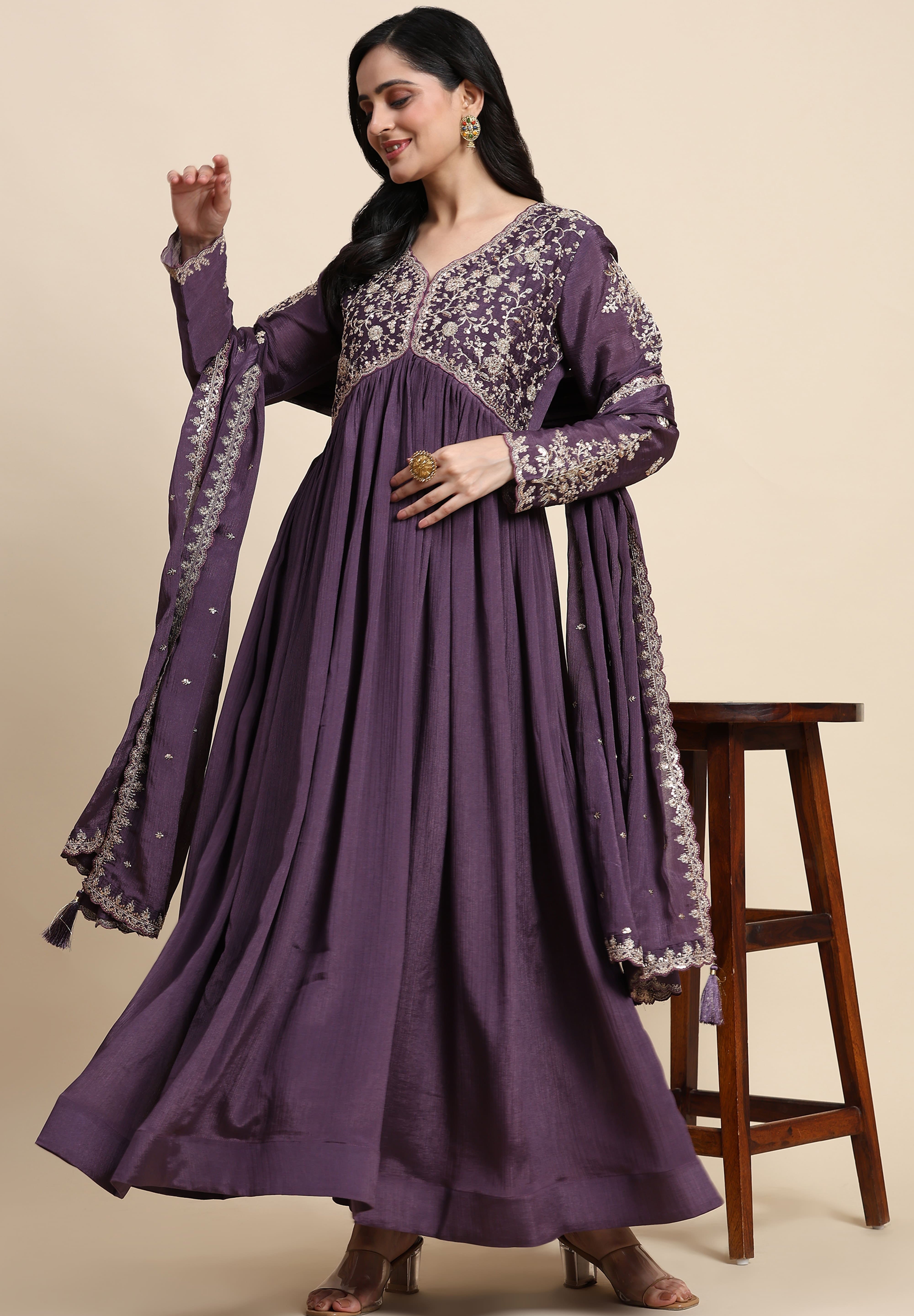 Purple Silk Blend Embroidery Alia Cut Salwar Suit Set with Dupatta For Women's Trendmallsin