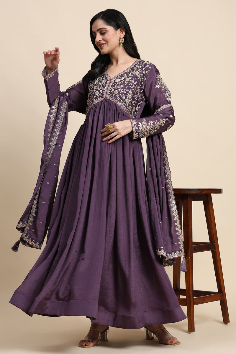 Purple Silk Blend Embroidery Alia Cut Salwar Suit Set with Dupatta For Women's