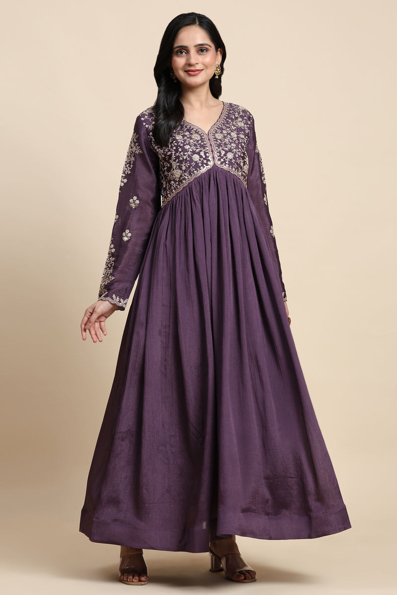 Purple Silk Blend Embroidery Alia Cut Salwar Suit Set with Dupatta For Women's
