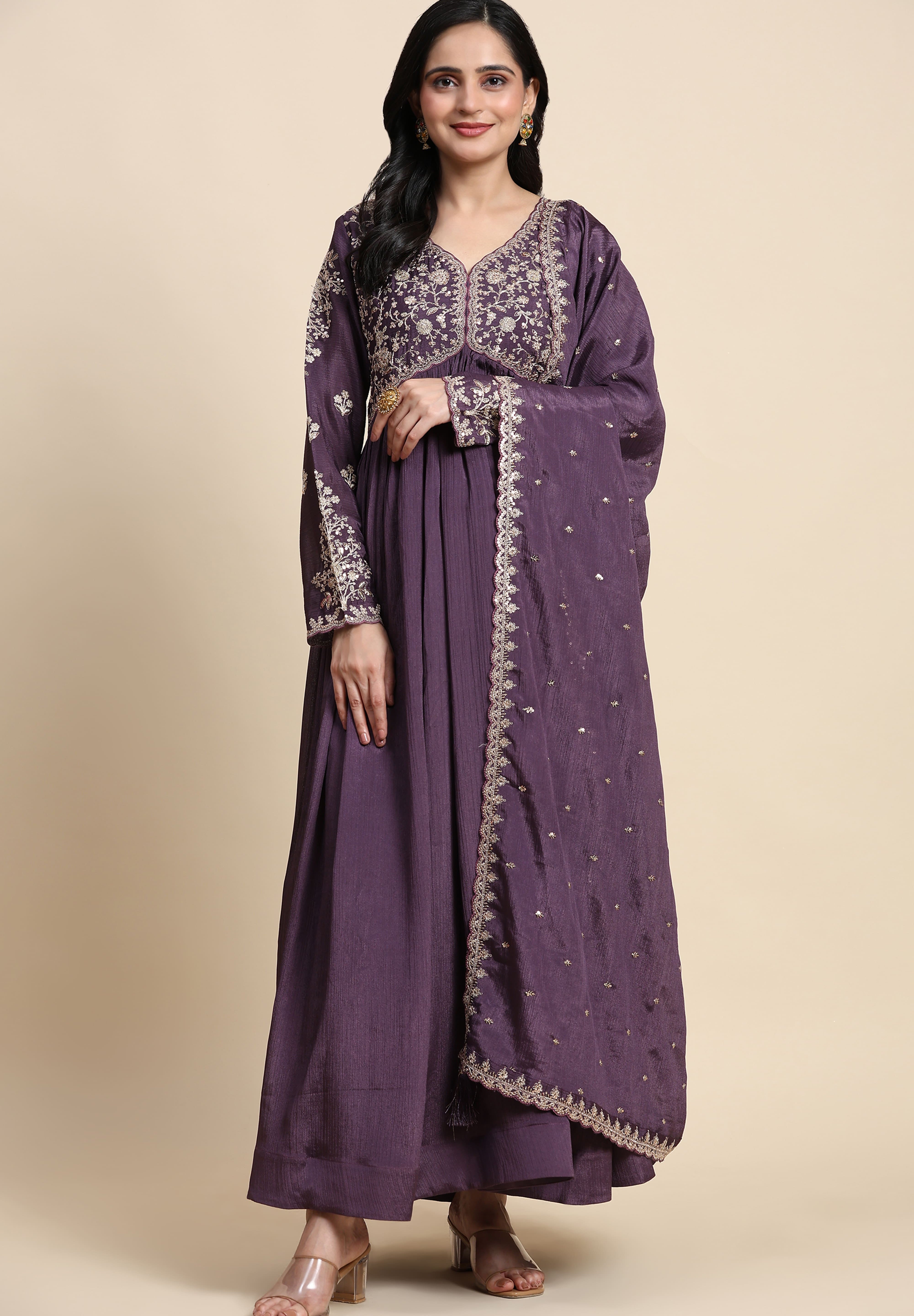 Purple Silk Blend Embroidery Alia Cut Salwar Suit Set with Dupatta For Women's Trendmallsin