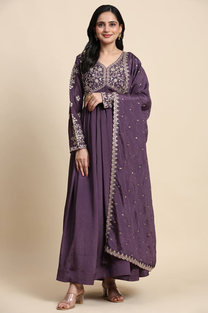 Purple Silk Blend Embroidery Alia Cut Salwar Suit Set with Dupatta For Women's Trendmallsin