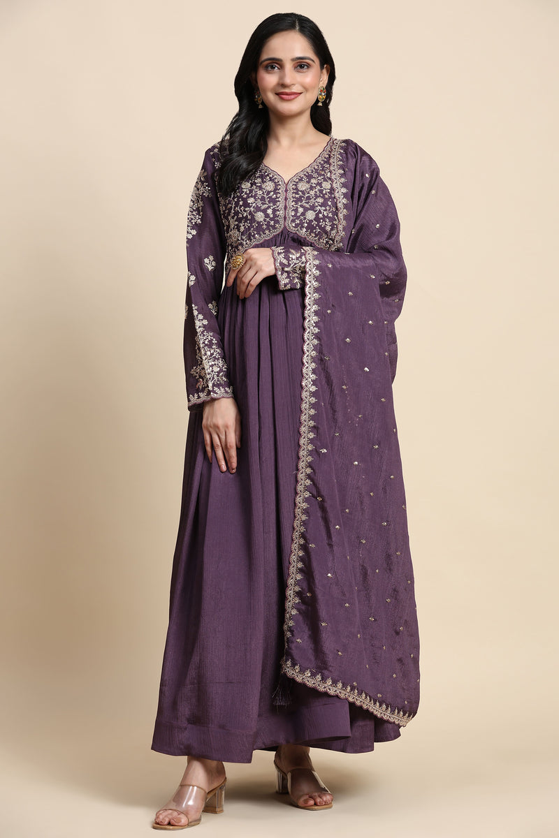 Purple Silk Blend Embroidery Alia Cut Salwar Suit Set with Dupatta For Women's