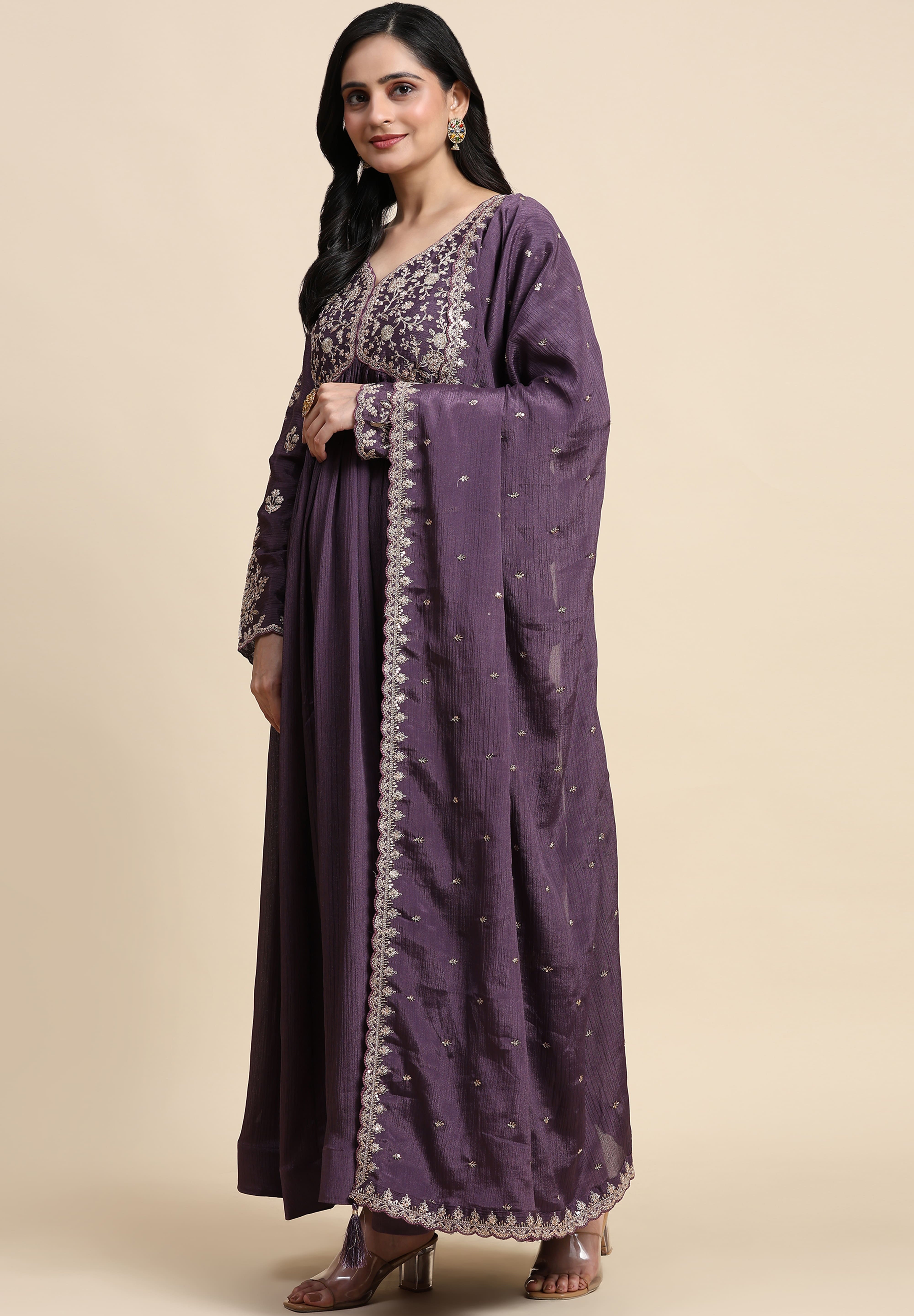 Purple Silk Blend Embroidery Alia Cut Salwar Suit Set with Dupatta For Women's Trendmallsin