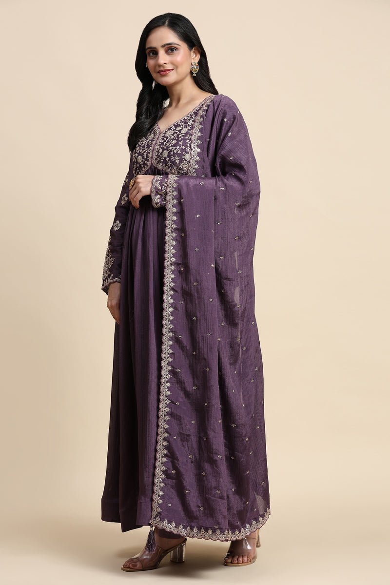 Purple Silk Blend Embroidery Alia Cut Salwar Suit Set with Dupatta For Women's