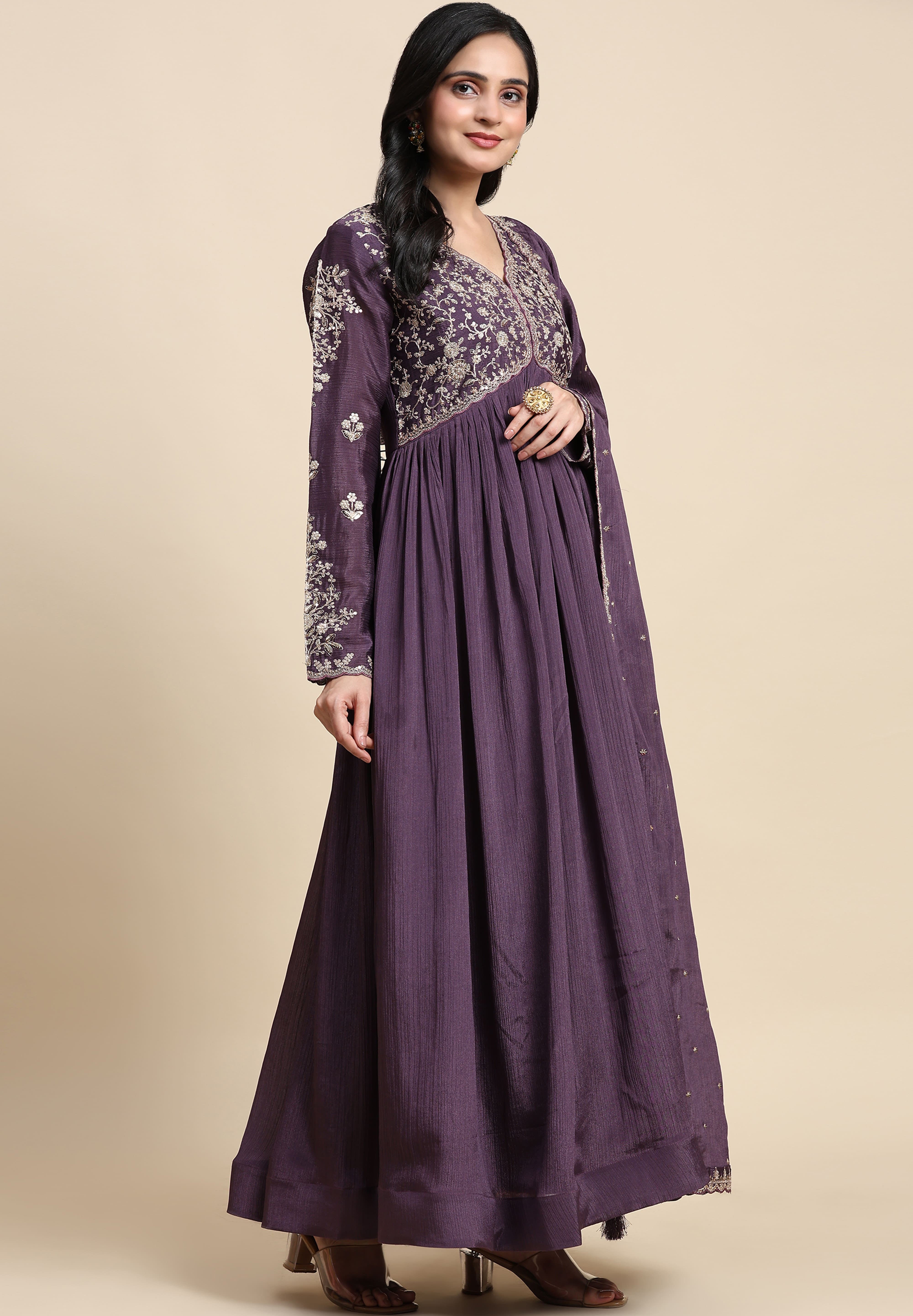 Purple Silk Blend Embroidery Alia Cut Salwar Suit Set with Dupatta For Women's Trendmallsin