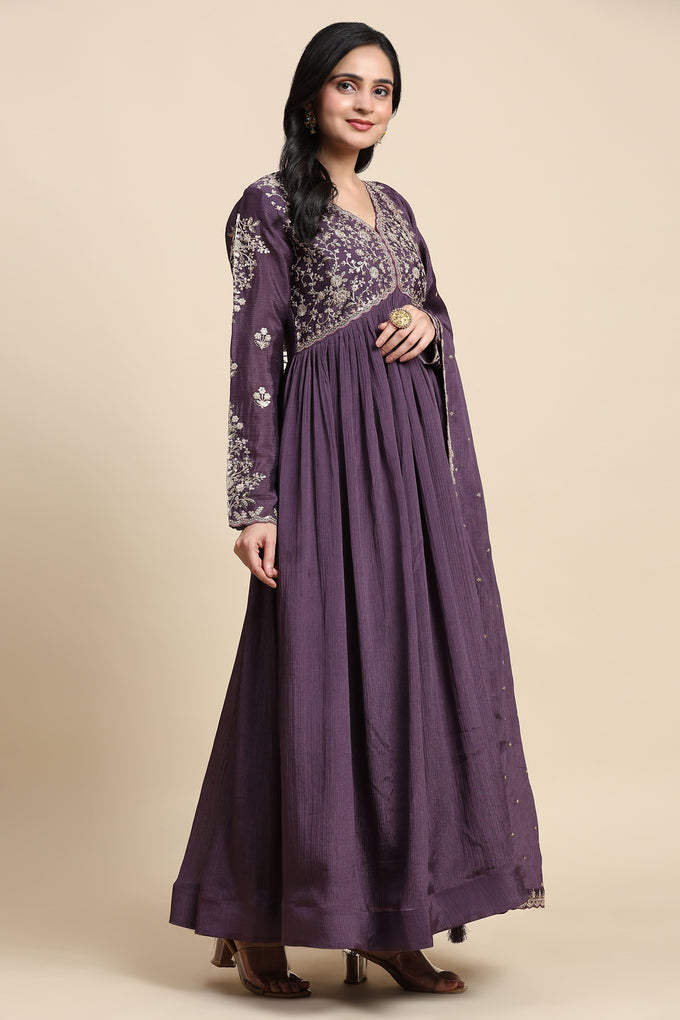 Purple Silk Blend Embroidery Alia Cut Salwar Suit Set with Dupatta For Women's Trendmallsin
