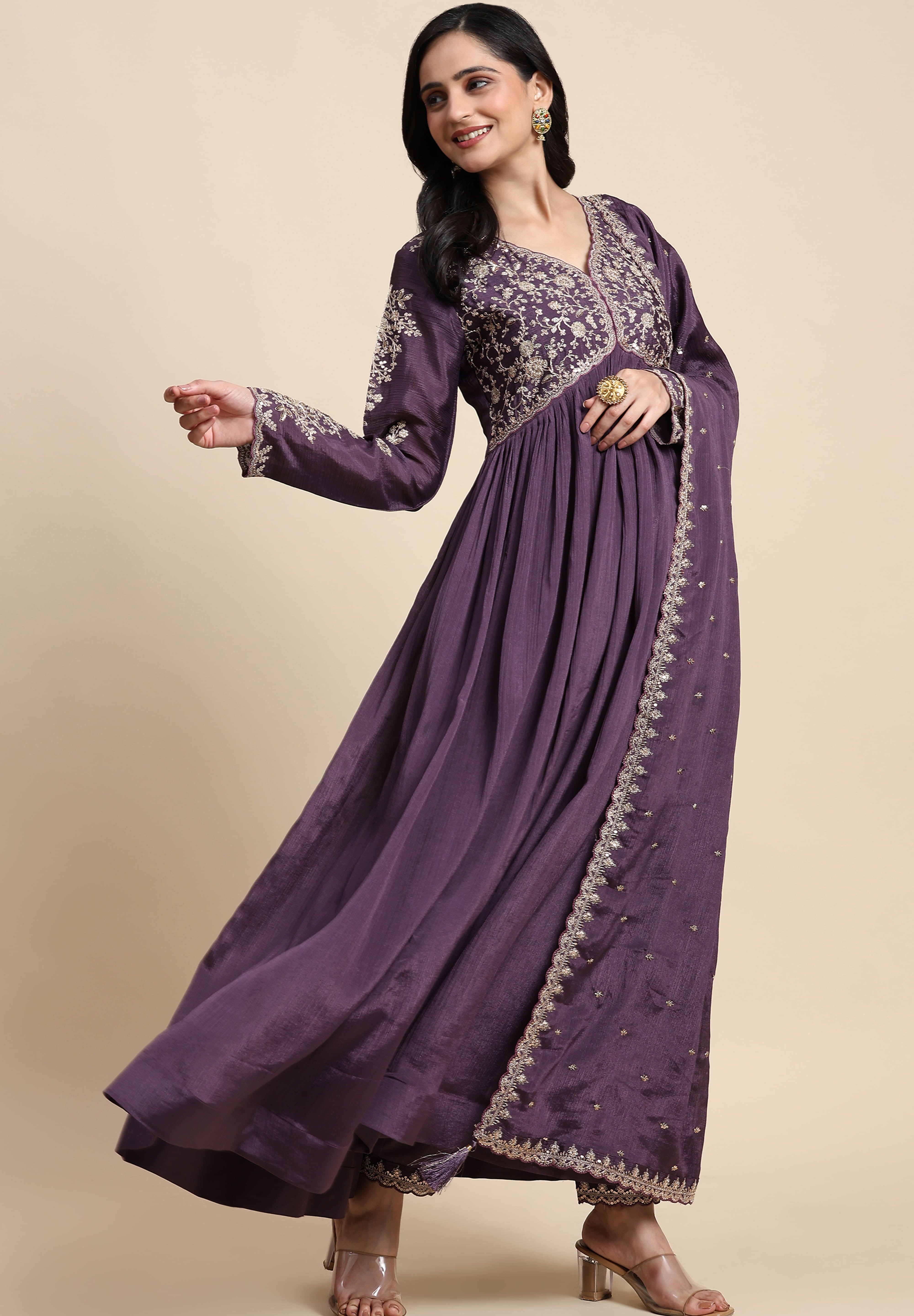 Purple Silk Blend Embroidery Alia Cut Salwar Suit Set with Dupatta For Women's Trendmallsin