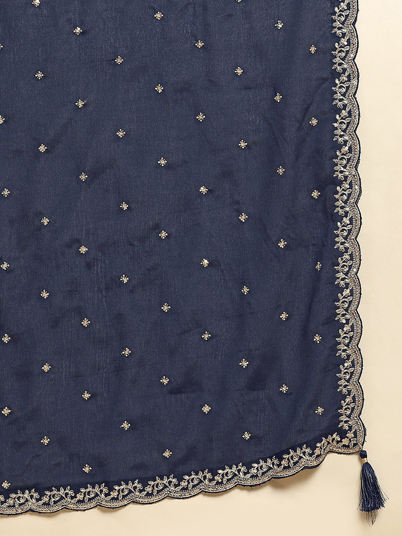 Blue Silk Blend Embroidery Alia Cut Salwar Suit Set with Dupatta For Women's