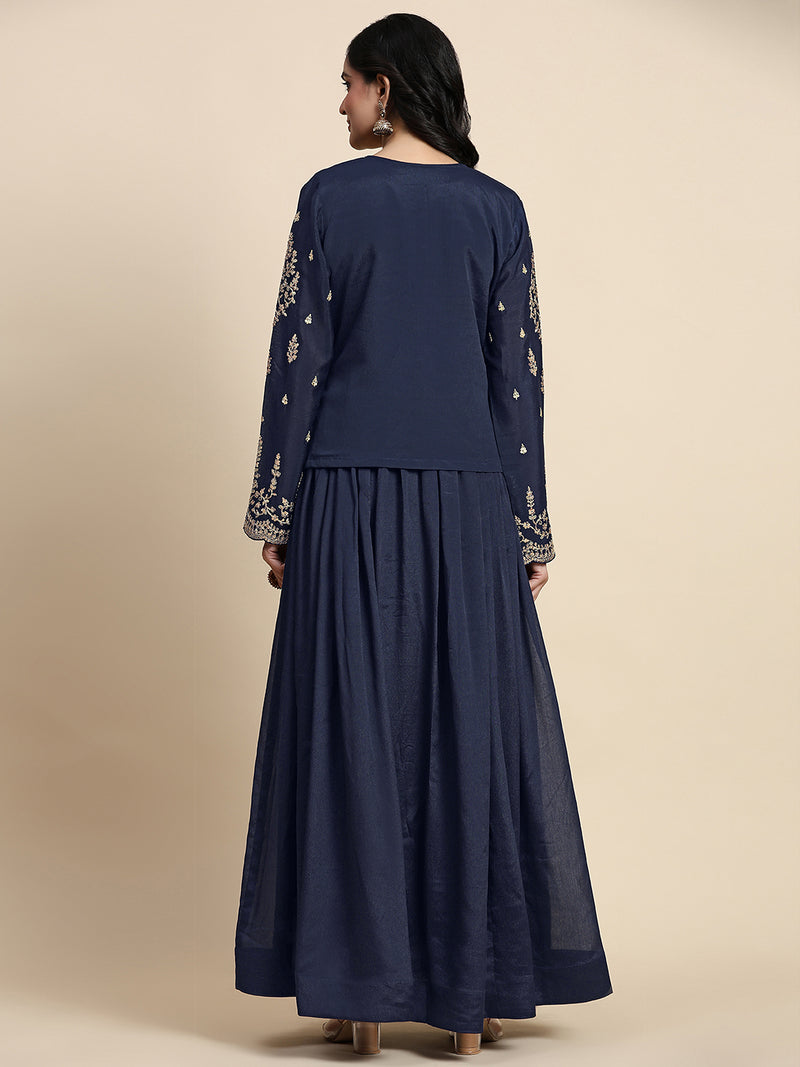 Blue Silk Blend Embroidery Alia Cut Salwar Suit Set with Dupatta For Women's