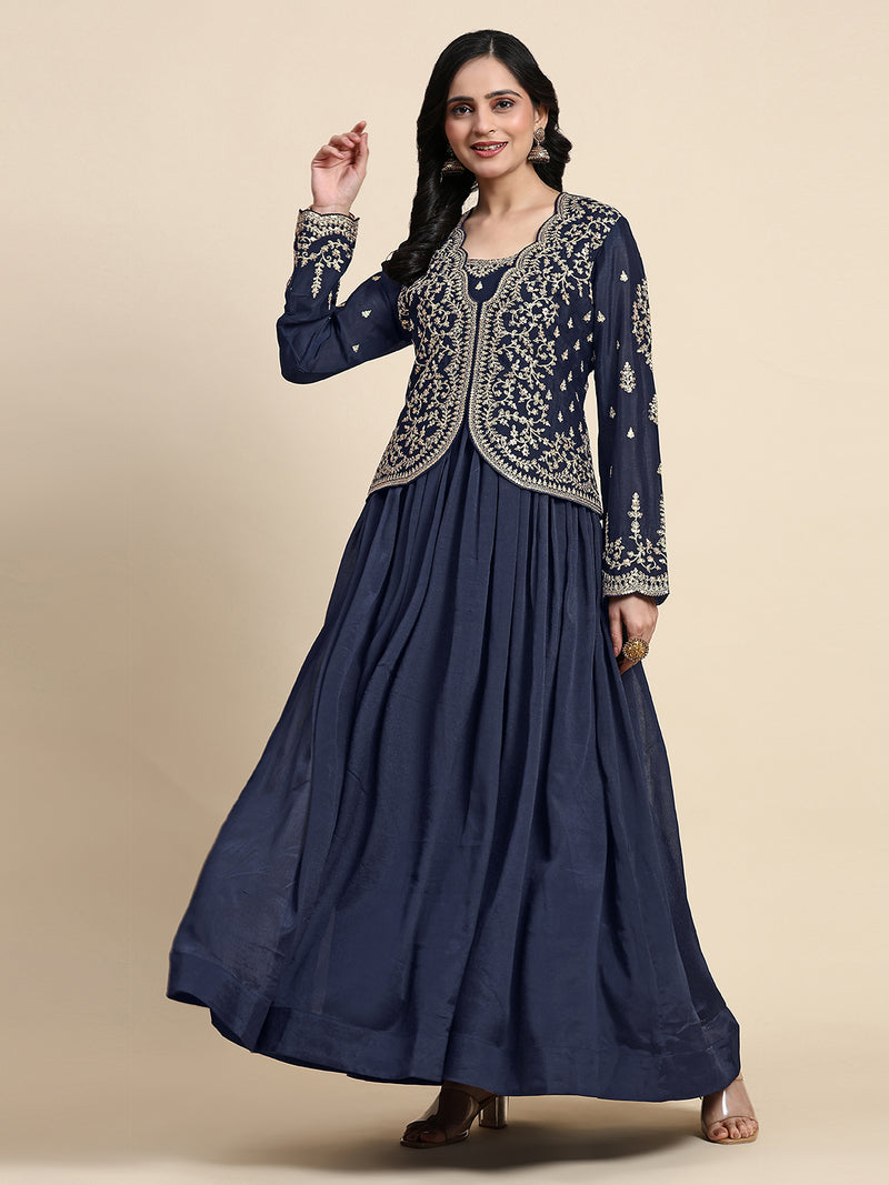 Blue Silk Blend Embroidery Alia Cut Salwar Suit Set with Dupatta For Women's