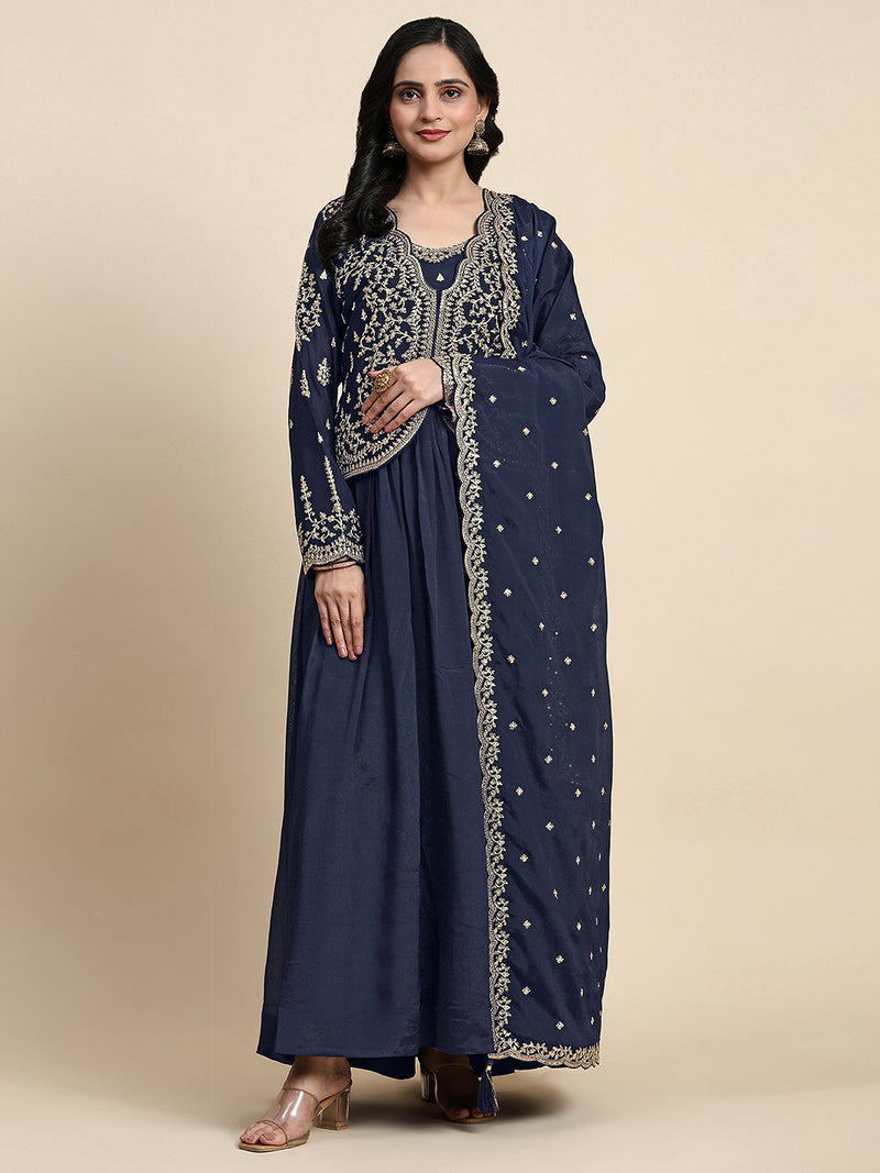 Blue Silk Blend Embroidery Alia Cut Salwar Suit Set with Dupatta For Women's