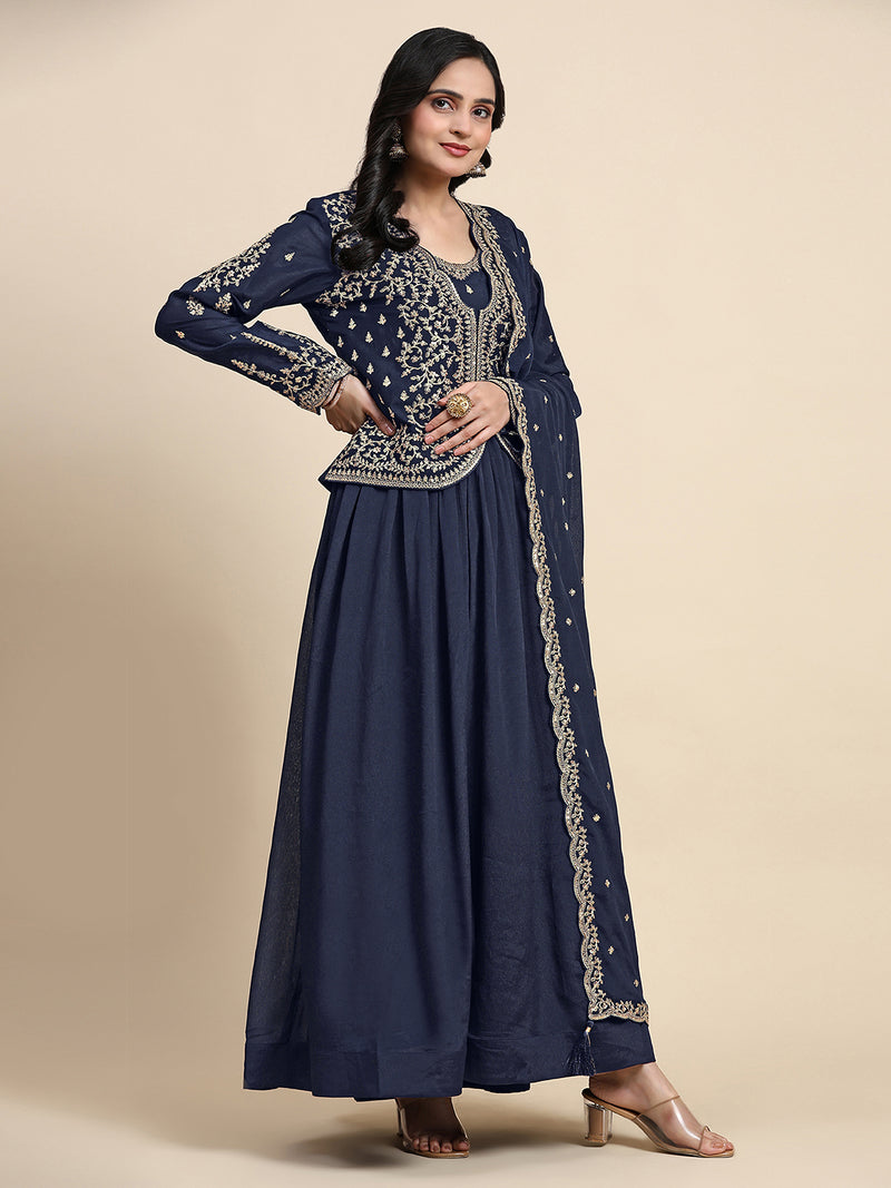 Blue Silk Blend Embroidery Alia Cut Salwar Suit Set with Dupatta For Women's