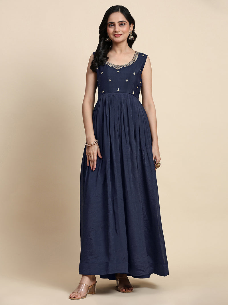Blue Silk Blend Embroidery Alia Cut Salwar Suit Set with Dupatta For Women's