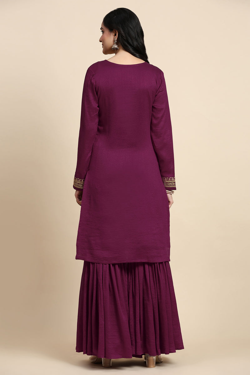 Women's Art Silk Embroidery Kurta Sharara Set with Dupatta Salwar Suit Set