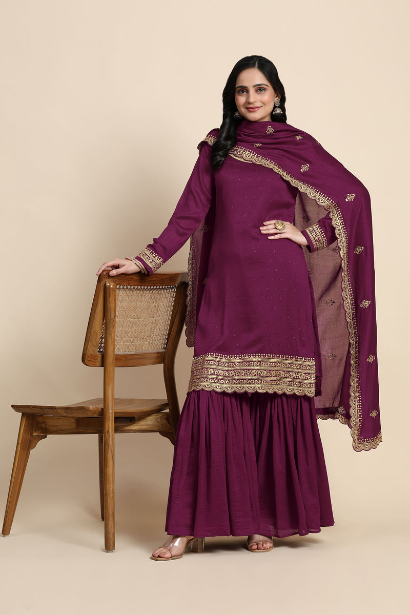 Women's Art Silk Embroidery Kurta Sharara Set with Dupatta Salwar Suit Set