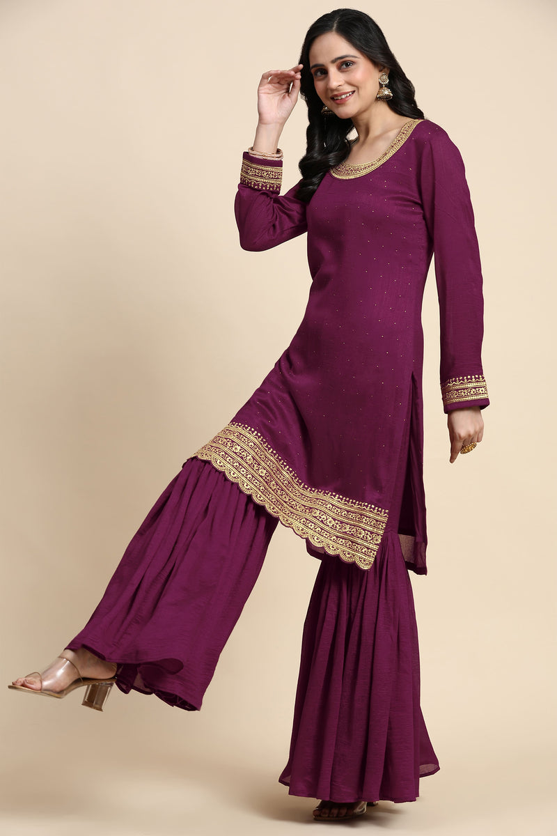 Women's Art Silk Embroidery Kurta Sharara Set with Dupatta Salwar Suit Set