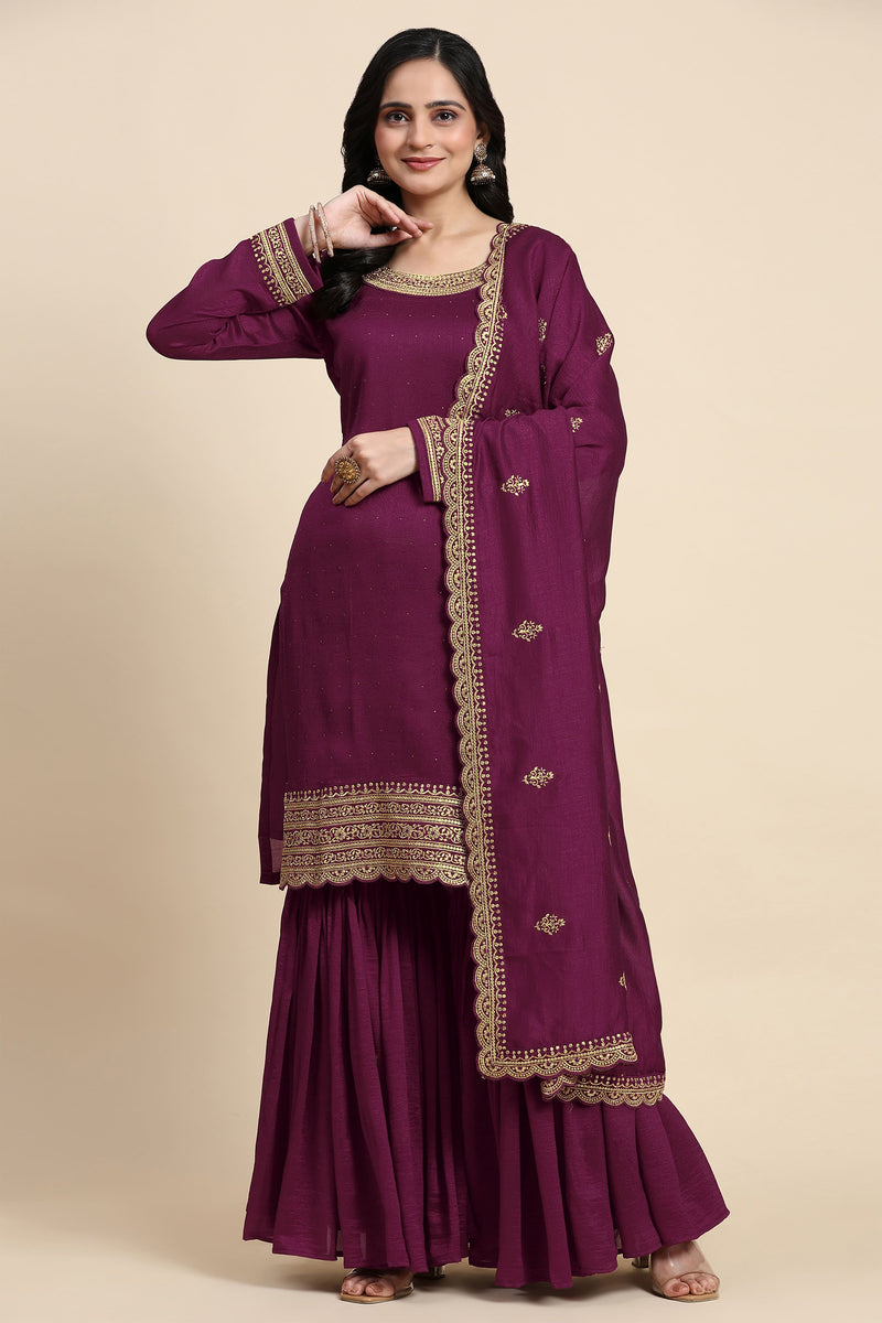Women's Art Silk Embroidery Kurta Sharara Set with Dupatta Salwar Suit Set