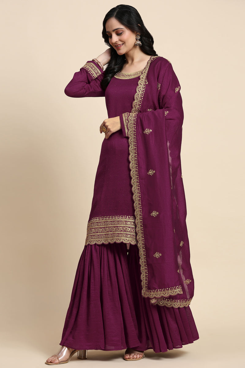 Women's Art Silk Embroidery Kurta Sharara Set with Dupatta Salwar Suit Set