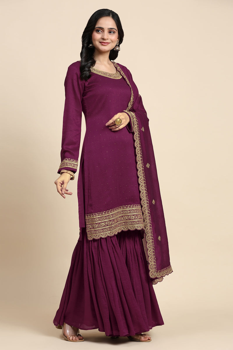 Women's Art Silk Embroidery Kurta Sharara Set with Dupatta Salwar Suit Set
