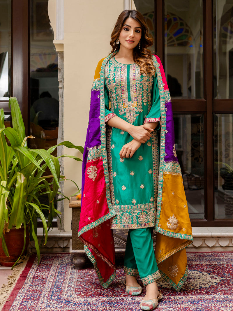 Green Silk Heavy Embroidered Sequence Work Salwar Suit Set with Dupatta Multi Color Trend For Women's