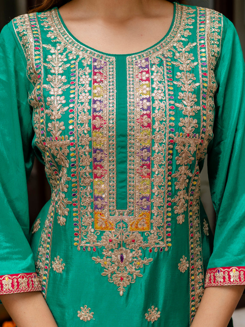 Green Silk Heavy Embroidered Sequence Work Salwar Suit Set with Dupatta Multi Color Trend For Women's