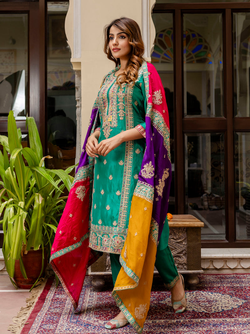 Green Silk Heavy Embroidered Sequence Work Salwar Suit Set with Dupatta Multi Color Trend For Women's