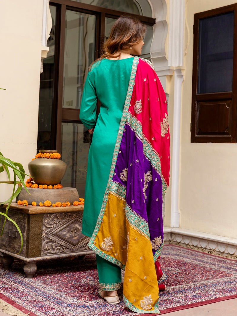 Green Silk Heavy Embroidered Sequence Work Salwar Suit Set with Dupatta Multi Color Trend For Women's