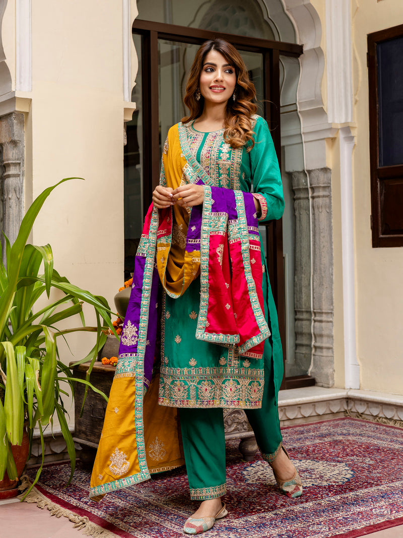 Green Silk Heavy Embroidered Sequence Work Salwar Suit Set with Dupatta Multi Color Trend For Women's