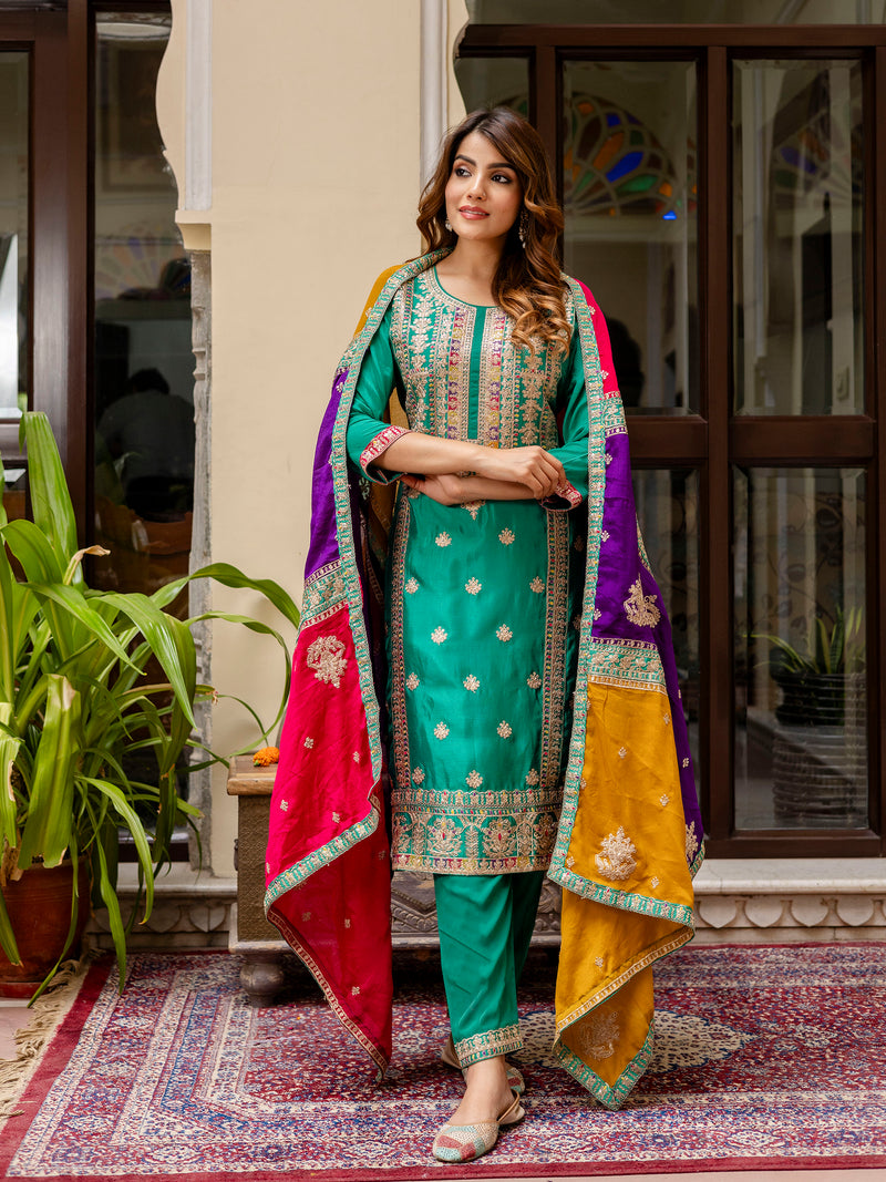 Green Silk Heavy Embroidered Sequence Work Salwar Suit Set with Dupatta Multi Color Trend For Women's