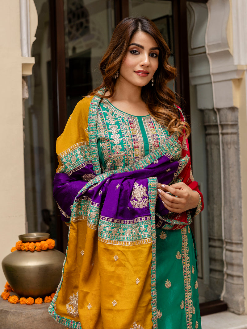 Green Silk Heavy Embroidered Sequence Work Salwar Suit Set with Dupatta Multi Color Trend For Women's