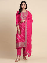 Pink Jaquard Silk Embroidery Sequence Work Kurta Pant with Dupatta Trendmalls